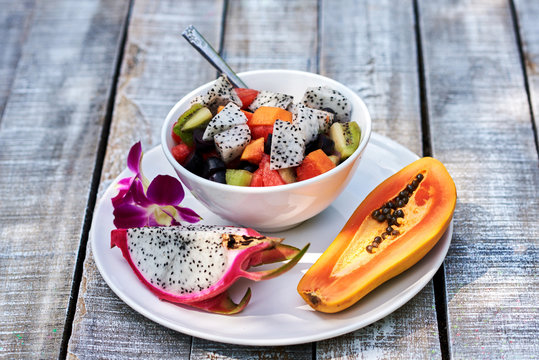 Exotic Fruit Salad Served In White Bowl.