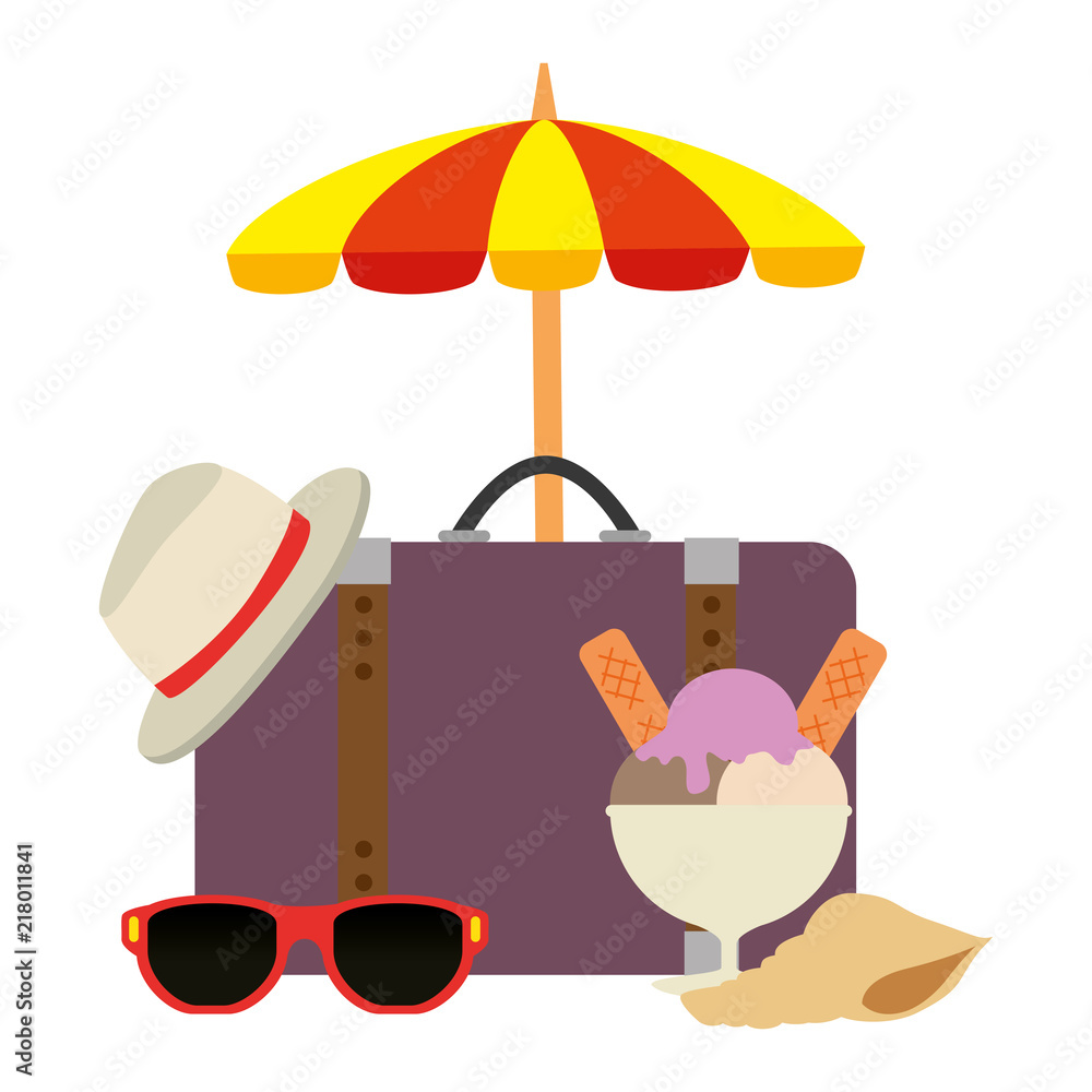 Poster suitcase travel with umbrella and summer hat