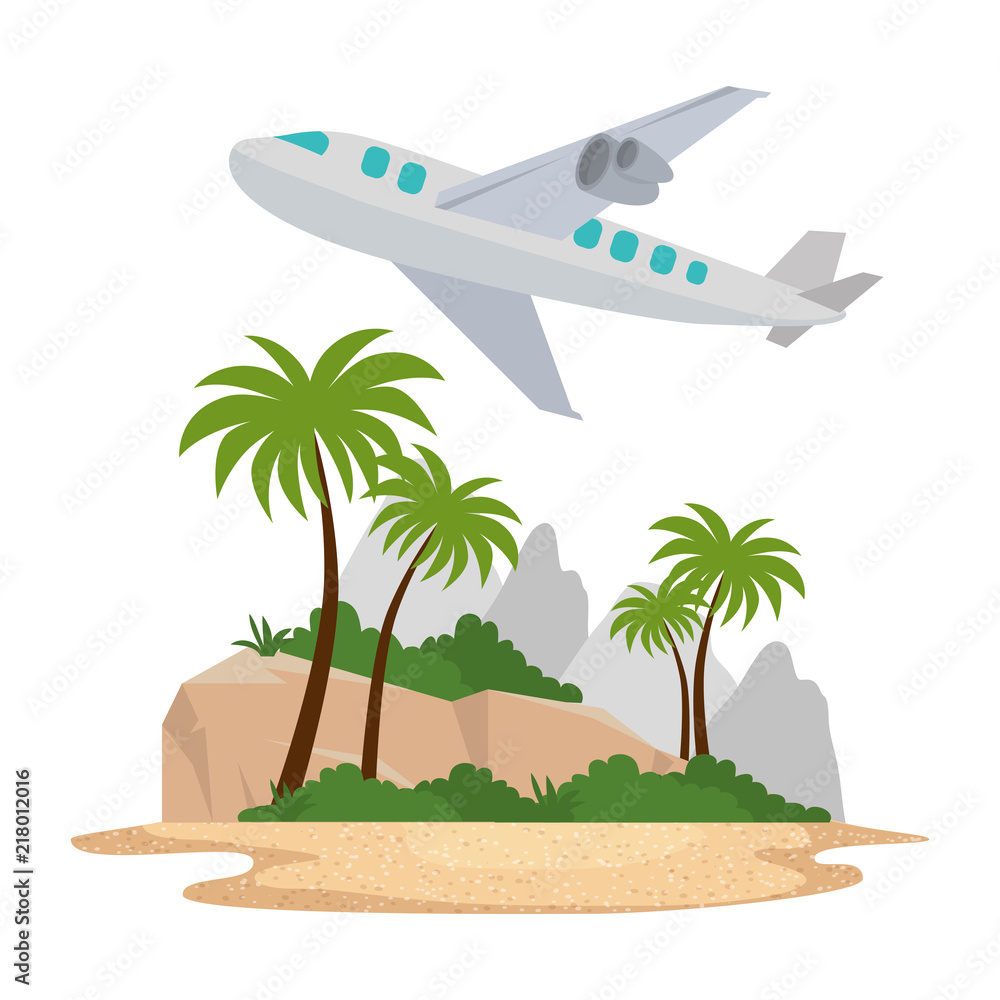 Wall mural tree palms with airplane flying scene