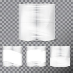 Toilet paper package mock up with transparent wrapping. Vector illustration template