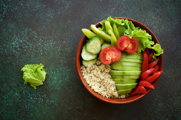 Vegetarian buddha bowl. The concept of healthy diet. Dark green background
