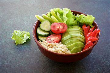 Vegetarian buddha bowl. The concept of healthy diet. Dark green background
