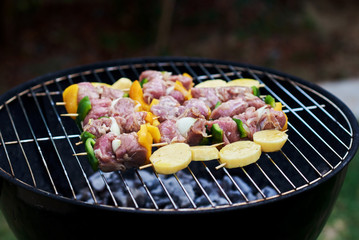 Delicious grilled pork meat and vegetable kebabs.