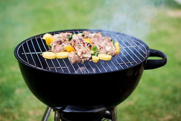Barbecue grill with meat and vegetable. Placed on grass.