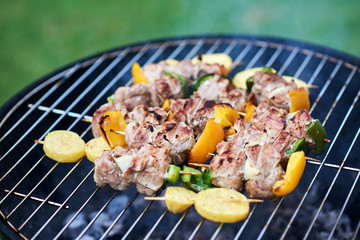 Grilling at summer weekend. Fresh meat and vegetables preparing on grill.