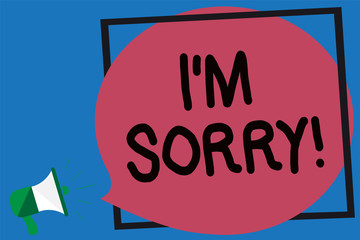 Conceptual hand writing showing I am Sorry. Business photo showcasing To ask for forgiveness to someone you unintensionaly hurt Megaphone loud screaming blue background frame speech bubble.