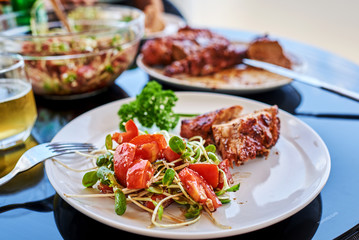 Grilled beefsteak and vegetables.