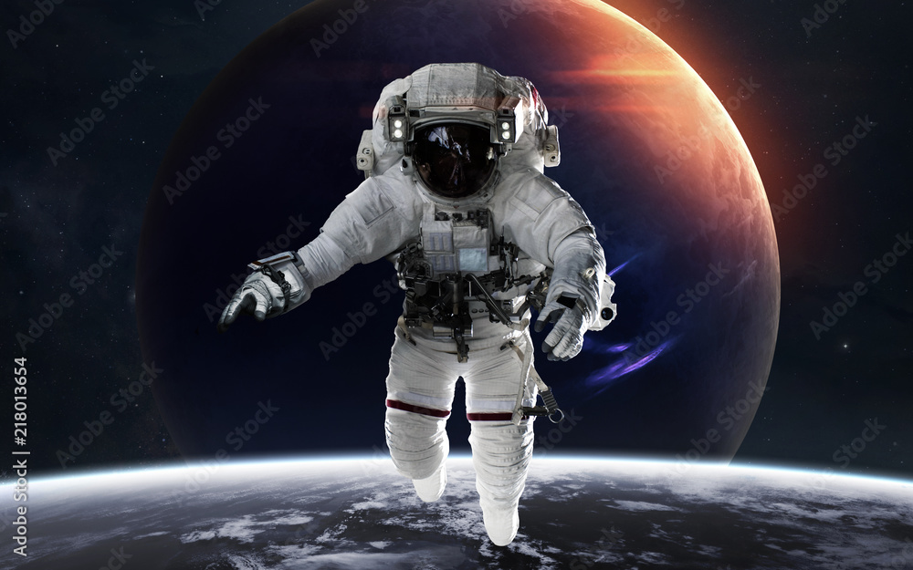 Wall mural neptune with astronaut in front of planet. solar system. elements of this image furnished by nasa