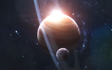 Gas giant with satellite, awesome science fiction wallpaper, cosmic landscape. Elements of this...