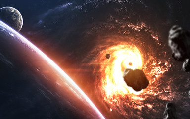 Planets in front of glowing galaxy, awesome science fiction wallpaper. Elements of this image...