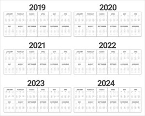 Year 2019 2020 2021 2022 2023 2024 calendar vector design template