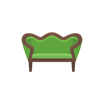 Green vintage loveseat. Double sofa. Vector illustration. Flat icon of settee. Front view.