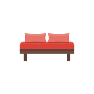 Red daybed with 2 pillows. Comfortable sofa. Vector illustration. Flat icon of settee. Front view.