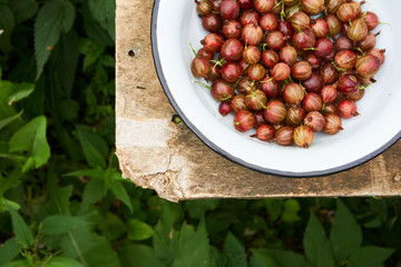Ripe red gooseberry in a bowl on a wooden table