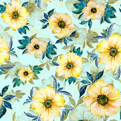 Beautiful red simple flowers with leaves and their outlines on light green background. Seamless floral pattern. Watercolor painting. Hand drawn illustration.