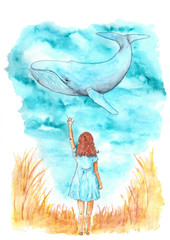 Figure with a whale in the sky and a girl