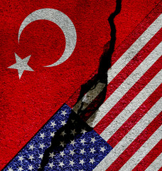 USA and Turkey flags with their currencies. Dollar and Lira. Concept of United States of America and Turkey trade war.