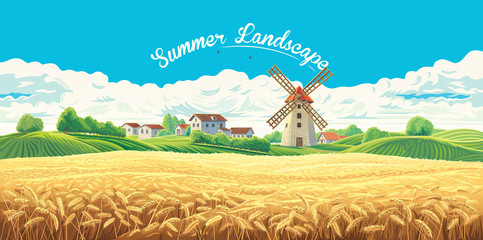 Rural summer landscape with the village and the mill and a large field of wheat.  © Rustic