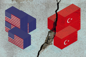USA and Turkey flags with their currencies. Dollar and Lira. Concept of United States of America and Turkey trade war.