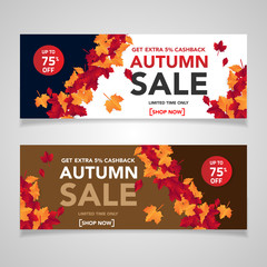 Obraz na płótnie Canvas Autumn sale banner template with leaves, fall leaves for shopping sale. banner design. Poster, card, label, web banner. Vector illustration
