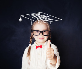 School Child, Kid in Glasses and Graduation Hat on Blackboard Background, Thumb Up