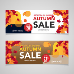 Autumn sale banner template with leaves, fall leaves for shopping sale. banner design. Poster, card, label, web banner. Vector illustration