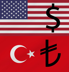 USA and Turkey flags with their currencies. Dollar and Lira. Concept of United States of America and Turkey trade war.