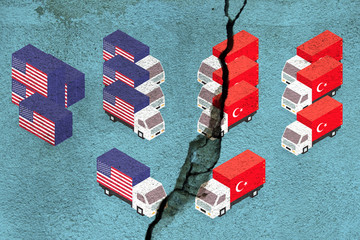 USA and Turkey flags with their currencies. Dollar and Lira. Concept of United States of America and Turkey trade war.