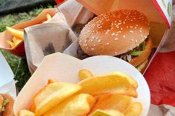 Cheese burger with pork or chicken meat and french fries laying on grass in park. Picnic outdoors. Concept of unhealthy eating and weight problems. Fast food dinner