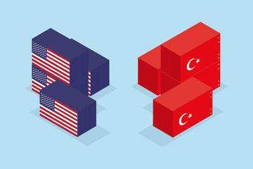 USA and Turkey flags with their currencies. Dollar and Lira. Concept of United States of America and Turkey trade war.