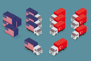 USA and Turkey flags with their currencies. Dollar and Lira. Concept of United States of America and Turkey trade war.