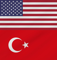 USA and Turkey flags with their currencies. Dollar and Lira. Concept of United States of America and Turkey trade war.