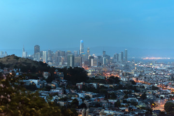 Fototapeta premium Aerial view on San Francisco skyscrapers and downtown at dusk. California, USA