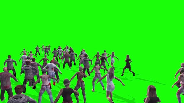 Invasion Zombies Horde Runs Back Green Screen 3D Rendering Animation