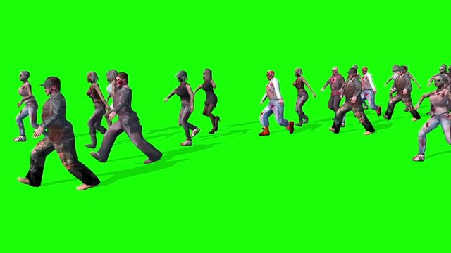 Invasion Zombies Horde Runs Side Green Screen 3D Rendering Animation