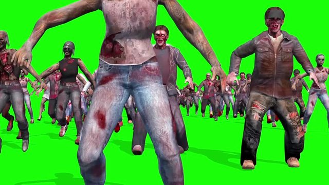 Invasion Zombies Horde Runs Front Green Screen 3D Rendering Animation