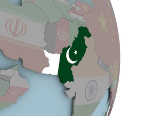 Map of Pakistan on political globe with flag