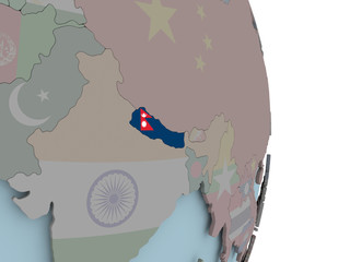 Map of Nepal on political globe with flag