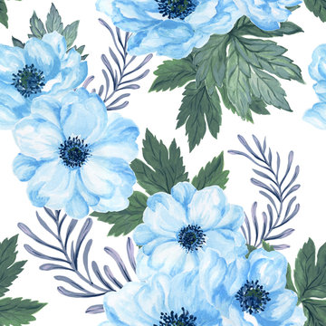 Watercolor gouache anemone floral and leaves  hand drawn floral illustration seamless pattern