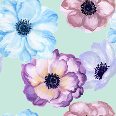 Watercolor gouache anemone floral and leaves  hand drawn floral illustration seamless pattern