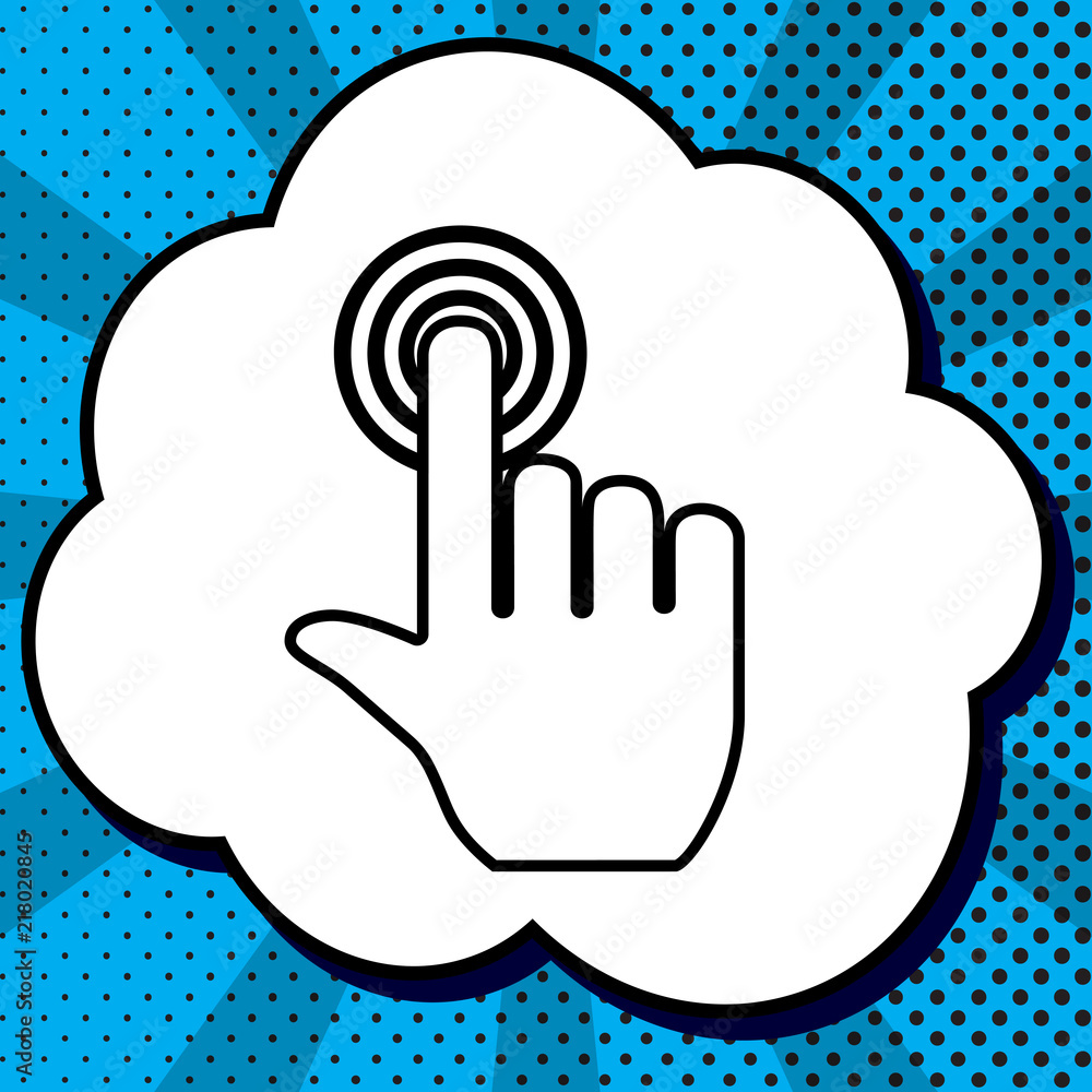 Poster hand click on button. vector. black icon in bubble on blue pop-a