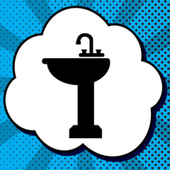 Bathroom sink sign. Vector. Black icon in bubble on blue pop-art