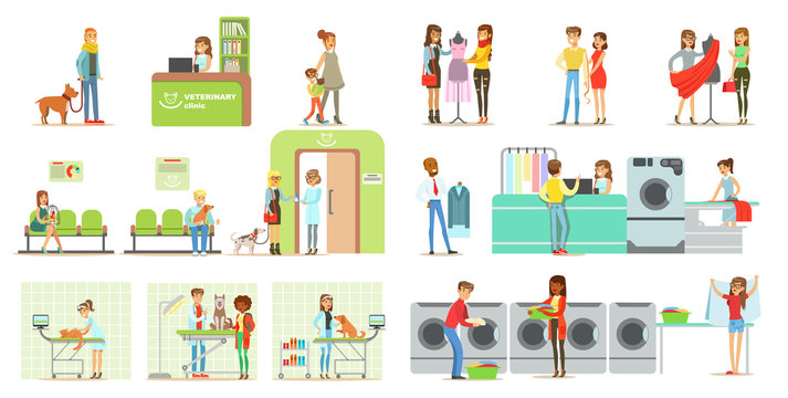 Clients visiting veterinary clinic and laundry shop, people bringing their pets for treatment to veterinarian, interior of vet clinic and laundry vector Illustrations