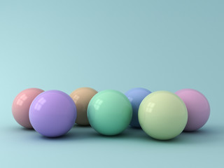 Abstract colorful 3d spheres on cyan pastel color background with window reflections and shadows 3D rendering