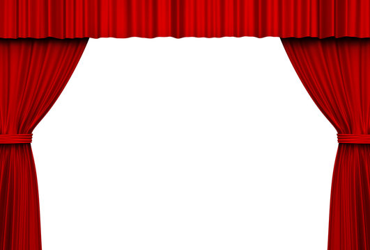 Red stage curtains isolated on white background with blank space 3D rendering