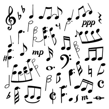 Set of music notes hand drawn cartoon vector illustration. Black silhouette, isolated on white background