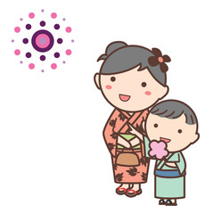 花火を見てる浴衣を着た親子のイラスト