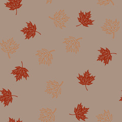 Autumn seamless pattern with red and orange maple leaves on mocha background, raster