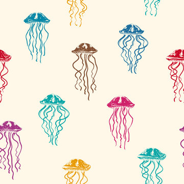 Jellyfish Seamless Vector hand drawn Pattern in Retro Style