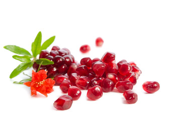 Parts of a pomegranate with pomegranate seeds and leaves, flowers isolated on white background